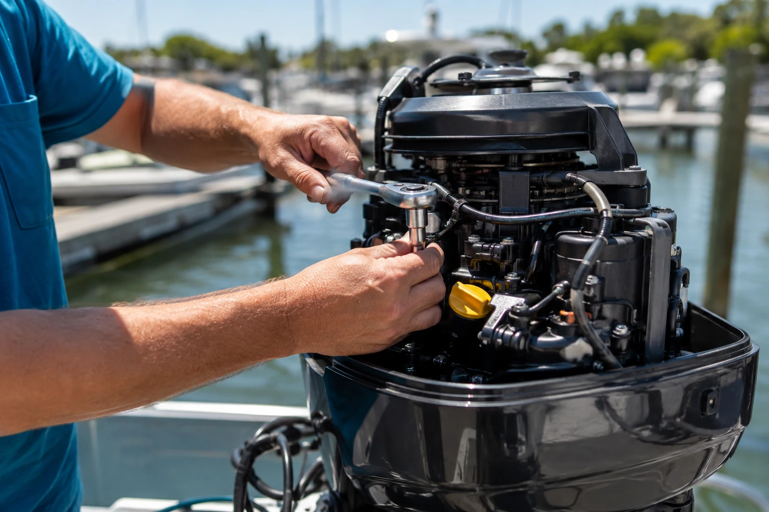 Marine technician carefully servicing an outboard motor at the dock